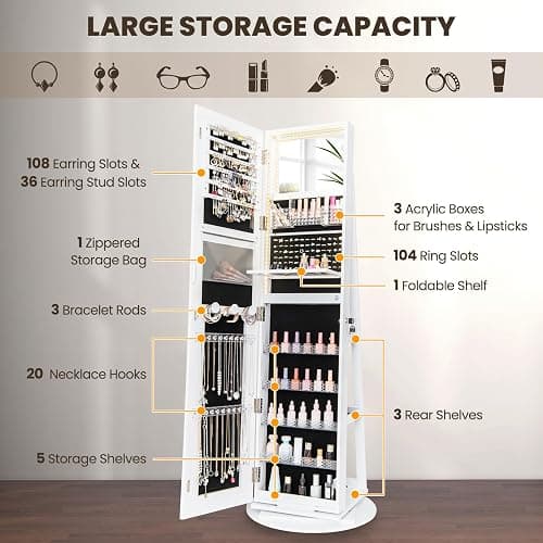 CHARMAID Swivel LED Mirror Jewelry Cabinet Armoire, Full Length Mirror with Storage, 3 Color & Adjustable Lights, Lockable Standing Jewelry Organizer with Lighted Mirror (White) thumbnail 4