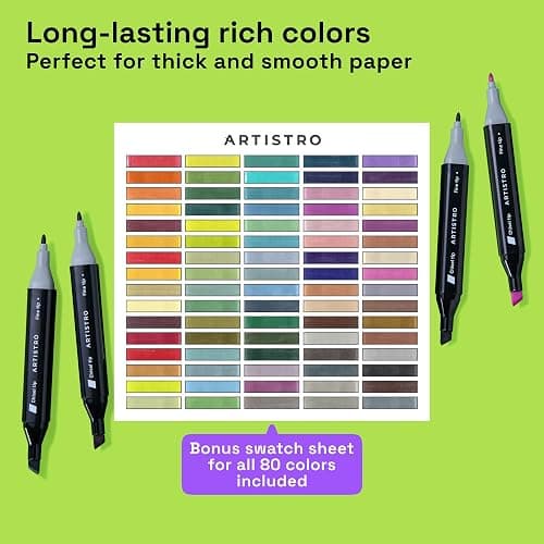 Alcohol Dual Tip Markers Set of 80 with No Bleed Ink, Bonus Case and Vibrant Fade-Resistant Colors, Art Supplies for Sketching, Manga, Drawing, Adult Coloring Books, Card Making (Fine & Chisel) thumbnail 7