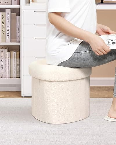 B FSOBEIIALEO Storage Ottoman Cube, Heart Shaped Ottomans with Storage Foot Stool Footrest for Lving Room, Boucle Ottoman Seat for Dorm Room,Faux Teddy Fur, White 15"x15"x15" thumbnail 2