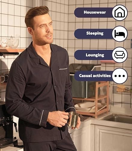 DAVID ARCHY Mens Pajamas Set Soft Cotton Notched Collar Pajamas for Men Long Sleeve Mens Sleepwear with Pockets & Front Fly thumbnail 6