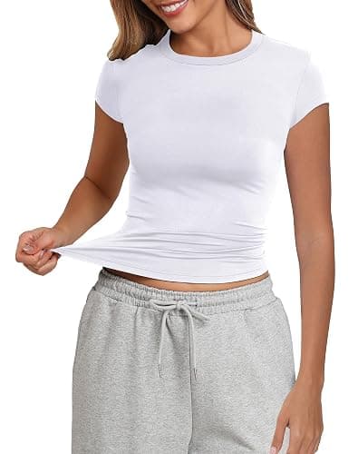 PALINDA Women's Short Sleeve Crew Neck Fitted Shirts Basic Casual Stretchy T Shirt Workout Tops - Image 1