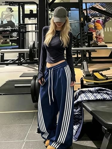 EMMIOL Women’s Y2K Baggy Barrel Striped Sweatpants, High Waisted Wide Leg Pants, Joggers with Drawstring Waist and Cuffs thumbnail 7