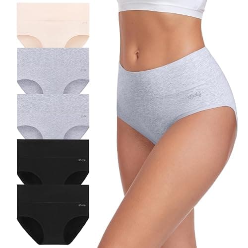 coskefy Women's High Waisted Cotton Underwear Soft Breathable Panties Stretch Briefs Ladies Panties 5 Pack - Large - Multicolor-02 - Image 1