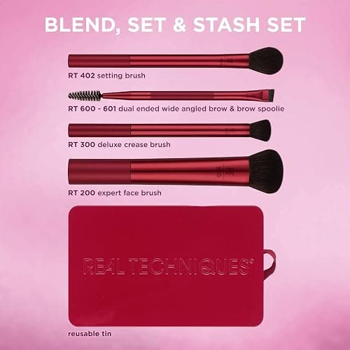 Real Techniques Blend, Set + Stash 5 Piece Holiday Makeup Brush Set with Storage Tin, Face & Eye Brushes for Foundation, Powder, Brows & Eyeshadow, Gift for Her, Cruelty-Free & Vegan thumbnail 3