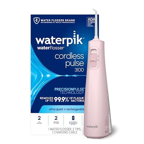 Waterpik Cordless Pulse Rechargeable Portable Water Flosser for Teeth, Gums, Braces Care and Travel with 2 Flossing Tips, Waterproof, ADA Accepted, WF-20 Pink, Packaging May Vary - Image 1