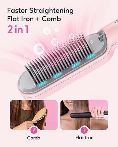Wavytalk Hair Straightener Brush, Sleek Sweep Ionic Straightening Brush with 6 Temperature Adjust, Anti-Scald Ceramic Straightening Comb Fast Heating for Home Salon, Dual Voltage Pink. - Pink thumbnail 3