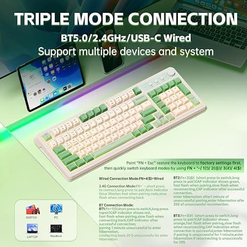 AULA S99 Gaming Keyboard, Wireless Computer Keyboards, Tri-Mode Bluetooth/2.4GHz/USB-C Custom Creamy Keyboard with Number Pad, RGB Backlit Media Knob Cute Programmable Keyboard for PC Gamer - Green thumbnail 3