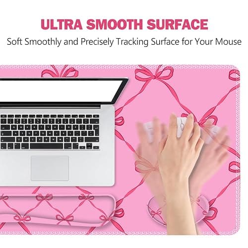 ToLuLu Large Mouse Pad Desk Pad Set, Wrist Rest Support Desk Mat for Keyboard Mouse, 4PCS 35.4”x15.7 XXL Giant Mouse Pad, Non-Slip Base Stitched Edges Mousepad Office Desk Decor, Hot Pink Bow thumbnail 3
