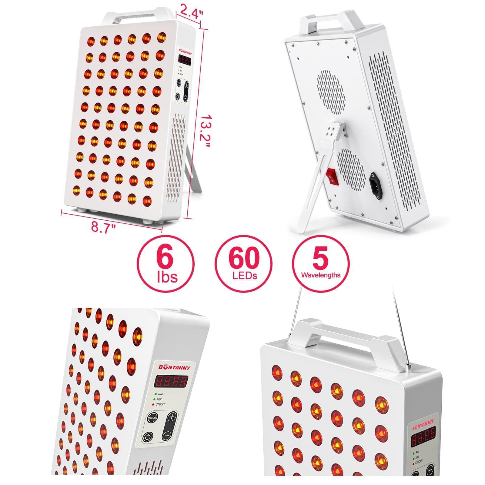 Red Light Device, 630nm 660nm 810nm 830nm 850nm Red Light Panel with 60 Pcs Dual Chips LEDs, Timer, Hanging Kit & Adjustable Stand for Home Office & Gym, BO-300 (White) thumbnail 2