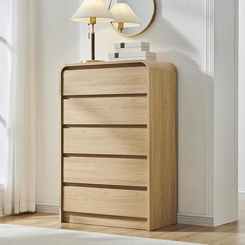 Aitjunz Modern 5 Drawers Dresser for Bedroom, 45" Tall Dresser, Natural Oak | Wooden Dressers & Chests of Drawers w/Curved Profile Design, Mid Century Vertical Dresser with Handleless Design for Bedroom - Image 1