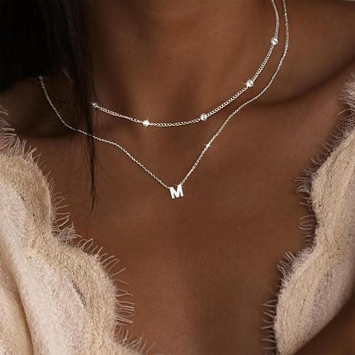 Poxtex Initial Necklaces for Women 14K Gold Silver Plated Letter Jewelry Non Tarnish Layered Dainty Cute A-Z Pendant Choker Necklace Waterproof Trendy Name Necklace Personalized Jewelry Gift for Women thumbnail 3