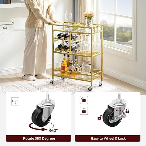 MAHANCRIS Bar Cart for Home, 3-Tier Serving Cart with Wheels and Handle, Beverage Cart with Wine Rack and Glass Holders, Rolling Wine Cart for Kitchen, Dining Room, Gold RCJ61B01 thumbnail 8