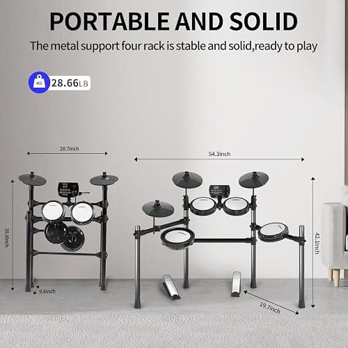 MOSEN Electric Drum Set with 4 Quiet Mesh Drum Pads, Cymbals, Sticks, Headphones, USB MIDI, Kick Pedal, 195+ Sounds and 25 Drum Kits for Beginner MED-X3 thumbnail 7