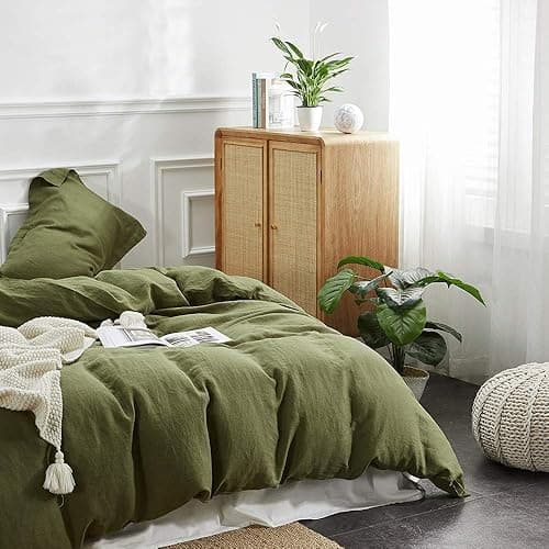Simple&Opulence 100% Linen Duvet Cover Set 3pcs Basic Style Natural French Washed Flax Solid Color Soft Breathable Farmhouse Bedding with Button Closure - Olive Green, Queen - Queen - Olive Green thumbnail 8