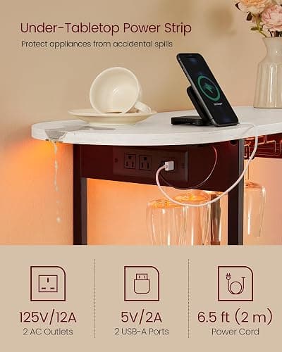 VASAGLE Bar Cabinet with LED Lights and Power Outlets, Freestanding Coffee Bar Wine Cabinet, Wine Rack, Glass Holder, Mini Bar for Liquor and Glasses, Kitchen, Dining Room, Rustic White ULWR007W01S thumbnail 6