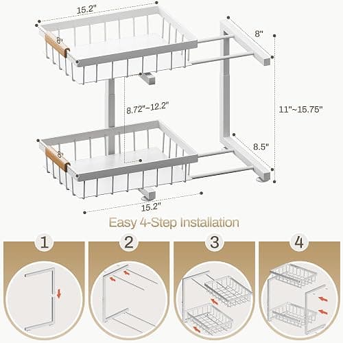 ADBIU Under Sink Organizer 2 Pack, Adjustable Height (11"-15.75") Under Cabinet Storage, 2 Tier Pull Out Sliding Drawers for Kitchen Bathroom, Heavy Duty Metal Shelf, White thumbnail 2