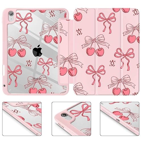 May Chen Case for iPad Air 11 (M3 2025 / M2 2024) 7th 6th, iPad Air 4 & 5 10.9 Inch 5th 4th (2022/2020), [Penceil Holder] Trifold Stand Auto Wake/Sleep TPU Protection Back Cover, Coquette Cherry Bow thumbnail 7