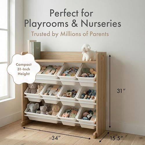 Humble Crew Kids Toy Organizer with Display Shelf, 9 Bins, 3 Tier Storage | Sturdy wood and steel toddler shelf, removable BPA-free containers, wall anchor anti-tip safety kit for bedroom or classroom thumbnail 2