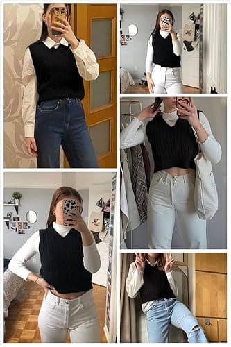 Lailezou Women's V-Neck Knit Sweater Vest Solid Color Argyle Plaid Preppy Style Sleeveless Crop Knit Vest thumbnail 3