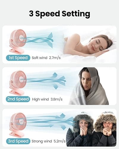 Gaiatop Portable Clip on Fan Battery Operated, Small Powerful 3 Speed Quiet 360° Rotate, USB Rechargeable Mini Personal Cooling Fan for Desk Table Home Office Stroller Camping Women Gifts Pink | Battery Operated, Small 3 Speed 360° Rotate, Cooling for Desk Table Home Office Stroller Camping Women Gifts Pink thumbnail 6