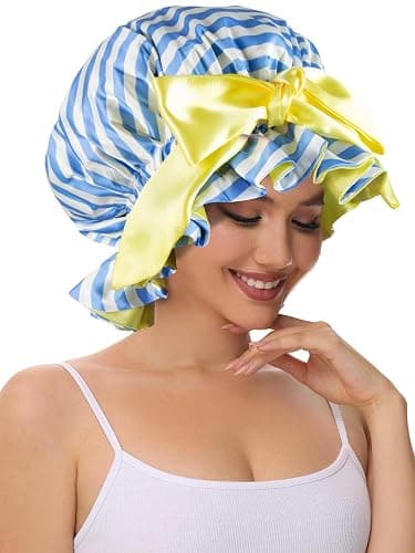 Vettres Silk Bonnet, Satin Hair Shower Cap for Sleeping Women 2025 Tie Band Adjustable Straps Head Wrap for Curly Hair Blue Stripe F thumbnail 7