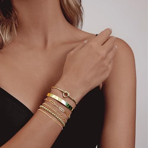 HERIER Gold Bracelets for Women 18k Gold Plated Bracelet Stack Bangle Cuff Bracelet Set for Women Non Tarnish Beaded/Paperclip/Cuban Link Chain Bracelets Jewelry for Women Trendy thumbnail 4
