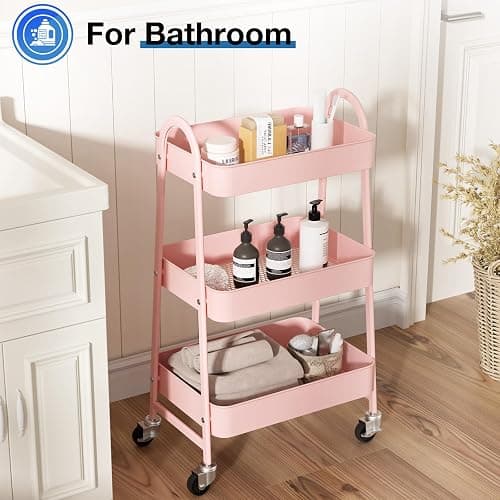 OLIXIS 3 Tier Utility Rolling Cart, Metal Mobile Storage Shelf with Lockable Caster Wheels, Organization for Livingroom, Bathroom & Narrow Places, Pink thumbnail 6