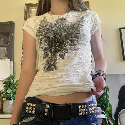 Emo Grunge Top Short Sleeve Y2k Shirts Vintage Streetwear Tops Women 2000s Fashion thumbnail 5