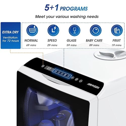 AIRMSEN Portable Countertop Dishwashers, 5 Washing Programs Mini Dishwashers with 5 L Built-in Water Tank and Double-layered Glass Door, No Hookup Needed for Home, Apartments & RVs thumbnail 3