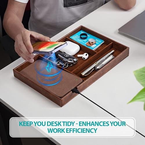 Tray, Built in Wireless Charging Pad, Nightstand Organizer, Dresser Organizer, Mens Jewelry Box, Valet Charging Station, Faux Leather Valet Tray for Men and Women, Brown thumbnail 4