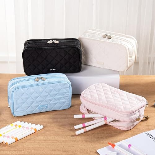 Kcjdd Cute Pencil Case for School, Soft Quilted Pencil Pouch Organizer with 3 Compartments, Large Double Zipper Pencil Bag for Teen Girls, Boys & Women (Beige) thumbnail 4