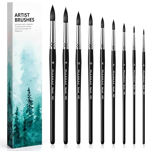 Pinceaux Aquarelle Professionnel - 9 Pinceaux Ronds d'artiste pour Aquarelle,Gouache | Pinceaux en Poil D’écureuil Synthétique pour Un Flux Constant | Watercolour Brushes, Pinceau Poil Synthétique - Image 1