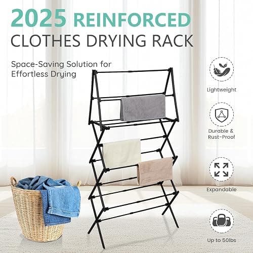 ZOES HOMEWARE 4 Tier Clothes Drying Rack Foldable | Foldable Clothing Drying Rack | Laundry Drying Rack Collapsible for Laundry Room, Dorm, Expandable Sturdy Metal Design | Black 29"L x 11.5"W x 53"H thumbnail 3