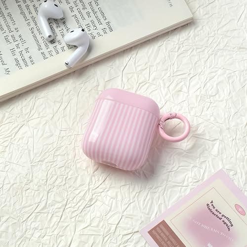 Fycyko for AirPod 2/1 Generation Case Cute Striped Trendy Aesthetic Glossy Shockproof Protective Case for AirPod 2/1 with Cleaner Kit-Pink thumbnail 4