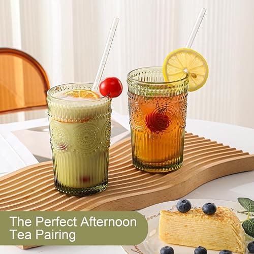 ZMOWIPDL Vintage Glassware Drinking Glasses Set of 6,13 oz Green Textured Flower Design Glass Water Tumblers，Embossed Striped Drinkware for Water,Cocktails,Juice,Iced Coffee thumbnail 6