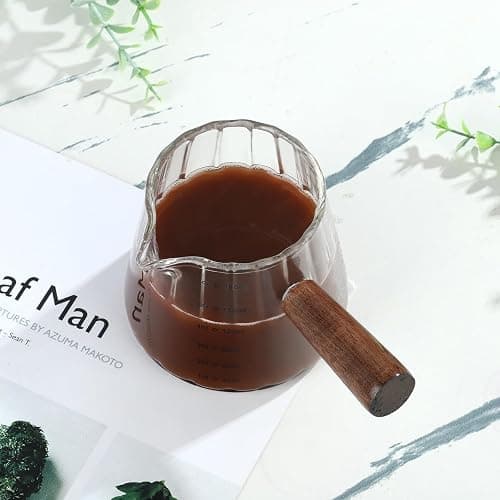 Joeyan 6 oz Glass Measuring Cups with Spout,Borosilicate Glass Triple Pitcher with Scale,Origami Style Espresso Shot Glasses with Wood Handle for Coffee Milk,Dishwasher Safe thumbnail 7