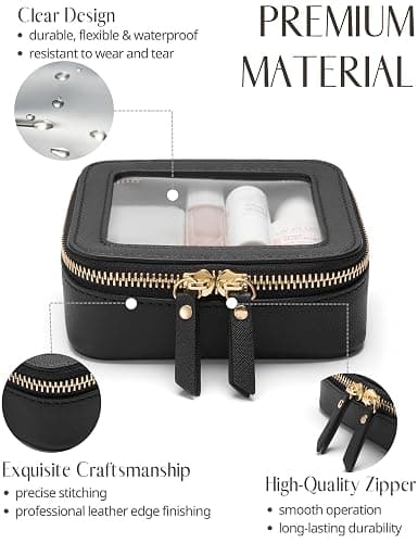 Popvibe Small Clear Makeup Bag for Purse, Travel Cosmetic Case, Black, Mini | Waterproof PU Leather, Transparent Square Make Up Pouch with Zipper, Tiny Toiletry Organizer Bag for Women Car Essentials Bag thumbnail 3