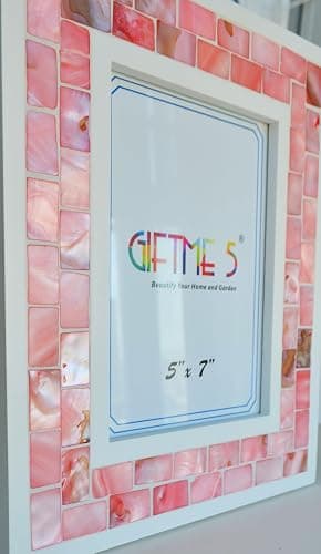 GIFTME 5 Wedding Picture Frame 5x7 Pink Mother of Pearl Mosaic Photo Frame Tabletop or Wall Hanging Picture Frame(5x7 inch, Pink,1pc) thumbnail 4