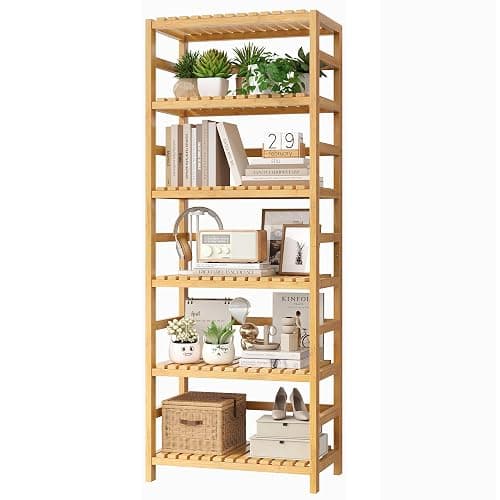 FOTOSOK 6-Tier Bamboo Shelf with Adjustable Shelves, Bamboo Kitchen Cabinet | Tall Bamboo Bookshelf and Plant Shelf with 250-lb Shelf Capacity for Laundry Bathroom Kitchen Pantry Home Office - Image 1