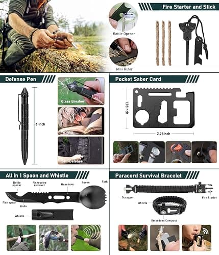 Survival Kit, 262Pcs Survival Gear and Supplies with First Aid Kit Pouch and Crossbody Bag, Emergency Kit with Tent, Camping Axe Hammer, Survival Shovel w/Pick, Bug Out Bag Gifts for Men Women thumbnail 7