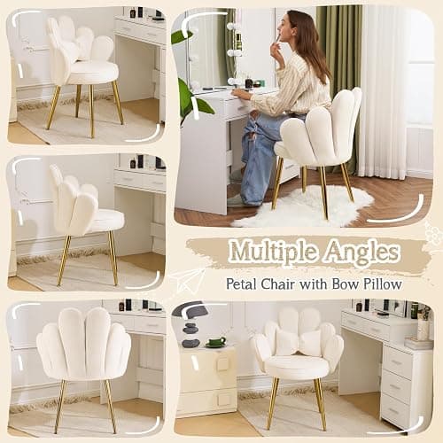 VINGLI Petal Makeup Vanity Chair with Back,Flower Cute Girls Desk Chair Comfy No Wheels,Modern Dining Chair,Small Accent Chair with Adustable Gold Legs&Bow Pillow for Home Office,Bedroom,Velvet,White thumbnail 5