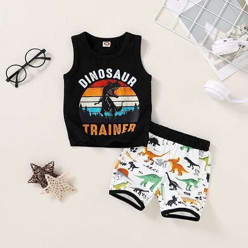 YOUNGER TREE Toddler Baby boy summer clothes Beaches Love Me Sleeveless Vest Tops+Shorts Kid Casual outfits - 6-12 Months - Black Dinosaur thumbnail 5