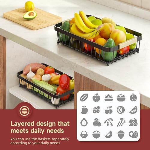 Sevenblue 2 Tier Large Fruit Basket for Kitchen Counter with 2 Mobile Banana Hangers, 2025 Pro Detachable Metal Fruit Bowl with Wooden Handle, Fruit Holder for Bread Snack Veggies with Protective Mats thumbnail 5