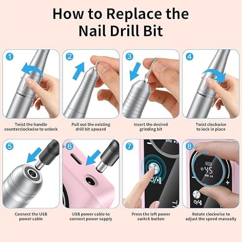 Electric Nail Drill Machine 45,000RPM - Professional Electric and Rechargeable Nail Drill with LCD Display, 6 Bits and 30 Sanding Bands, Low Heat Quiet E-File for Acrylic Gel Nails (Pink) thumbnail 3
