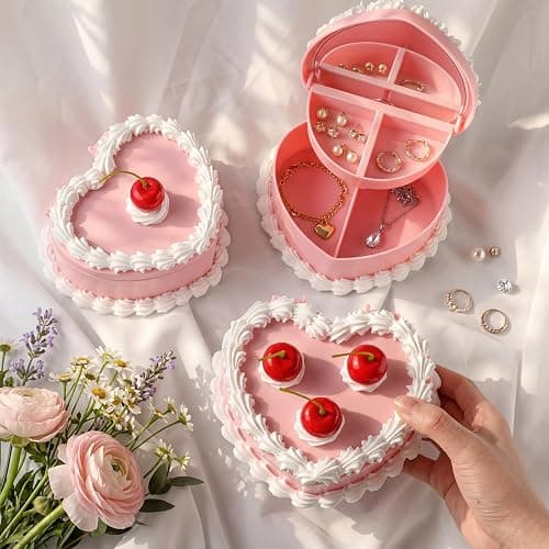 Nosiny 3 Pcs Heart Cake Jewelry Box Coquette Fake Cherry Cake Trinket Box Decor Cute Kawaii Home Pink Decorative Storage Gifts for Women thumbnail 4