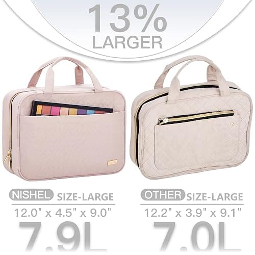 NISHEL Travel Toiletry Bag for women, Portable Hanging Organizer for Full-Sized Shampoo, Conditioner, Brushes Set, Makeup Accessories, Large Size, Pink thumbnail 3