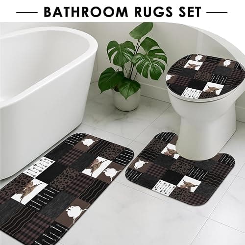 Tayney Highland Cow Farm Brown Black Checked Shower Curtain Set with Toilet Lid Cover and Non-Slip Rugs, 4 Pcs Shower Curtain with 12 Hooks, Farmhouse Bathroom Set with Rugs and Accessories thumbnail 5