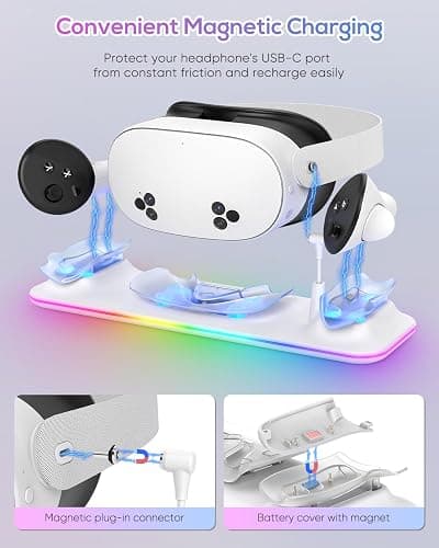 Charging Dock for Meta Quest 3S/3, Kinwin Magnetic Charging Station for Oculus Quest 3S/3 Accessories with RGB Light, Charging Stand for VR Headset and Controller with 2 Rechargeable Batteries (White) thumbnail 7