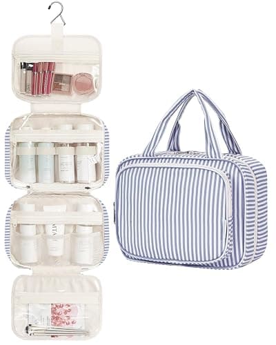 Narwey Striped Hanging Toiletry Bag for Women Travel Makeup Bag Organizer Toiletries Bag for Travel Size Essentials Accessories Cosmetics (Greyish Blue Stripe (Medium)) thumbnail 4