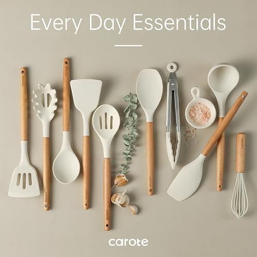 CAROTE Silicone Cooking Utensils Set, Kitchen Utensils Set 10 Pcs for cooking, BPA Free Spatula Set with Heat Resistant Wood Handles for Nonstick Cookware (Cream White) thumbnail 7